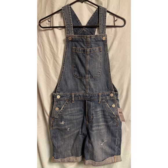NWT GAP Girls Kids Bib Denim Jean Distressed Overall Shorts Cuffed XL Regular - Picture 1 of 9